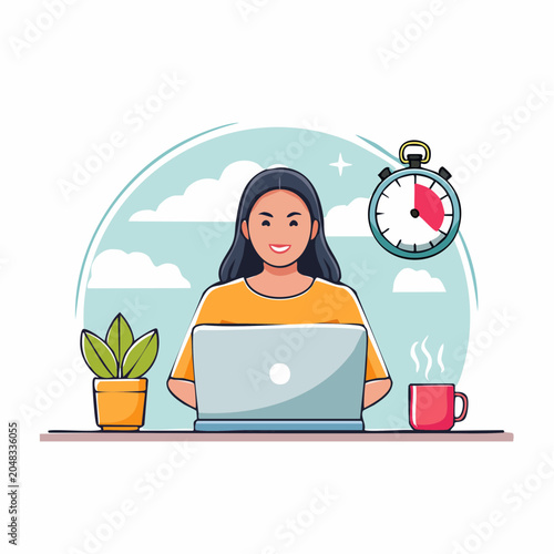 Woman working on laptop with plant and coffee, stopwatch in background