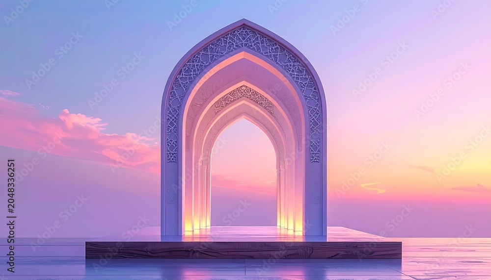 Fototapeta premium Elegant Islamic Arch Structure at Sunset with Reflective Water