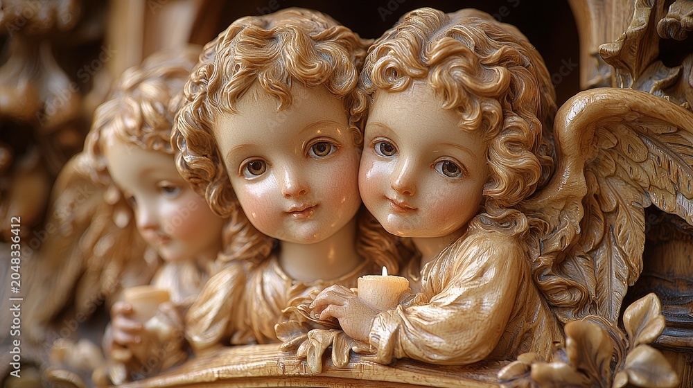 Naklejka premium Baroque angels figurines holding candles closeup, ornate cherubs sculpture, golden religious decoration with gentle faces
