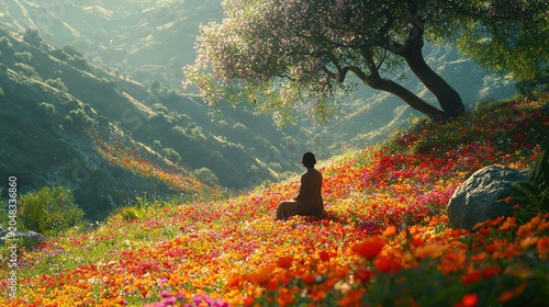 Solitude in nature: woman sitting among vibrant wildflowers on a sunny hillside under a blossoming tree