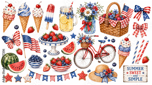 Cute Watercolor Patriotic Summer Americana Clipart Set Featuring Red Vintage Bicycle Ice Cream Cones Picnic Basket and Watermelon for 4th of July Branding and Sticker Designs