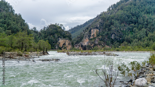 Namnam River flows through rocky banks and lush green pine forest in Mugla, Turkey. Wild mountain river landscape under a cloudy sky.