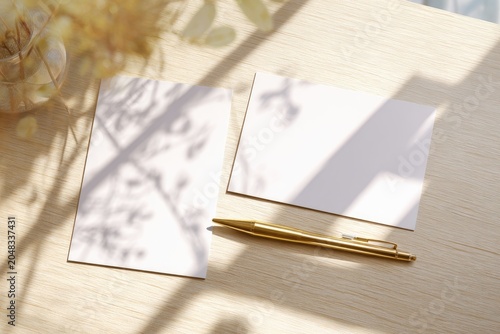 Two blank white cards lie beside a golden pen on a light wood surface, with the shadow of foliage