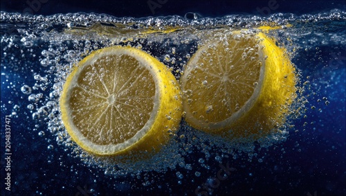 Two juicy halves of a citrus fruit submerged in clear water, surrounded by effervescent bubbles against a deep blue background