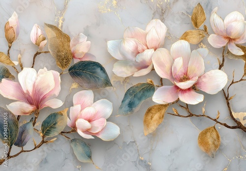 Watercolor depiction of blooming pink and white flowers on branches with golden and teal leaves. Set on a marbled background