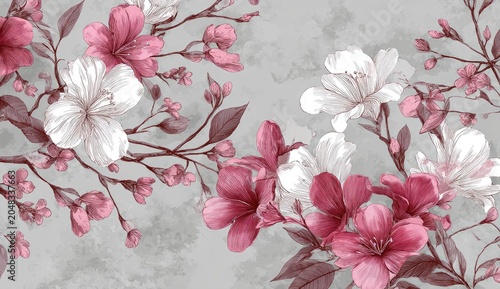 Watercolor depiction of blossoming branches, featuring pink and white flowers against a grey, marbled background
