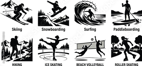 Canvas Print Original name(s): Winter sports black silhouettes set featuring ice hockey skiing snowboarding figure skating curling cross country ski and sledding