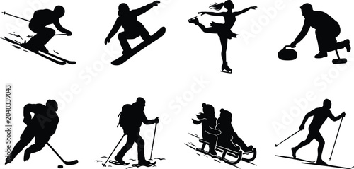 Canvas Print Original name(s): Winter sports black silhouettes set featuring ice hockey skiing snowboarding figure skating curling cross country ski and sledding