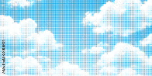Halftone vector illustration of clouds on a light blue sky background. The design features hexagonal halftone patterns creating a modern and dynamic texture. Perfect for backgrounds,