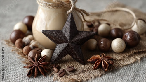 Star shaped chocolate and assorted sweets composition on rustic cloth background