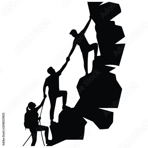 Rock climbers vector silhouette illustration, mountain adventure line art team support.