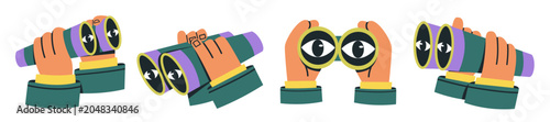 Hands holding binoculars with eyes inside vector illustration set. Creative visual concept for strategic planning, observation, poster, banner, web, apps, discovery, and curiosity
