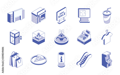 Shopping mall and retail isometric icon set