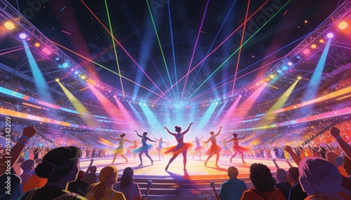 Spectacular Ballet Performance: A troupe of talented ballerinas mesmerize a packed stadium audience with their graceful movements under a dazzling array of colorful spotlights and laser beams.