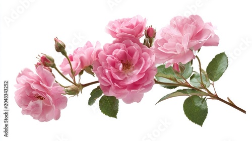 Pink roses in full bloom with green leaves against a clean white background