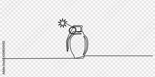 One line drawing of a classic hand grenade with a safety pin on a white background Vector, illustration, grenade drawing by one continuous line vector, Continuous one line drawing of hand grenade.
