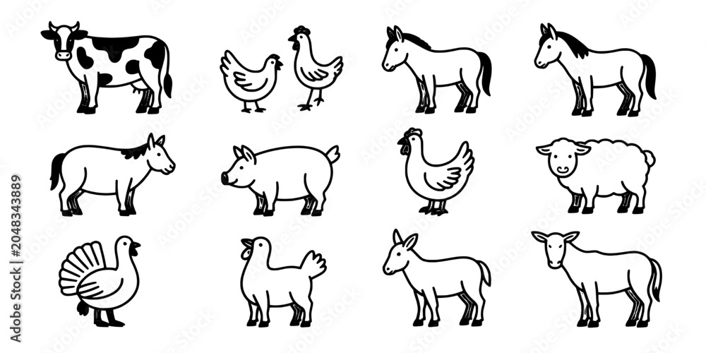Obraz premium Animals Farm Set with Black and White Line Drawings of Cows, Chickens, Horses, Pigs, and Sheep Featuring Livestock, Vector, Icons with Agricultural