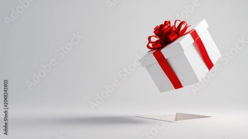 Floating gift box with red ribbon and bow isolated on white background