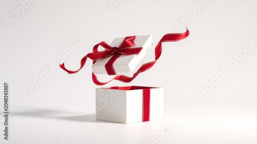 Floating gift box with red ribbon on white background studio shot
