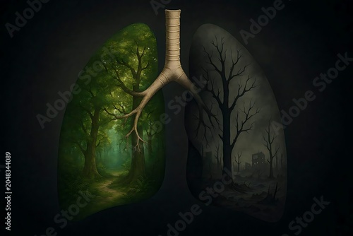 Conceptual illustration of human lungs as a forest showing healthy green trees vs dead destroyed trees, climate change and air pollution concept