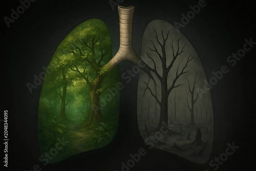 Conceptual illustration of human lungs as a forest showing healthy green trees vs dead destroyed trees, climate change and air pollution concept