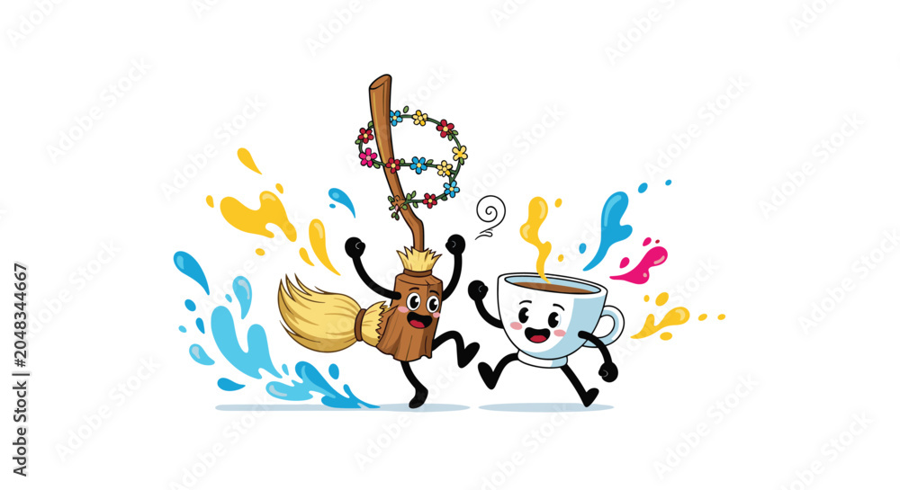 Fototapeta premium Playful cartoon broom and coffee cup characters dancing together surrounded by colorful splashes of water or paint.