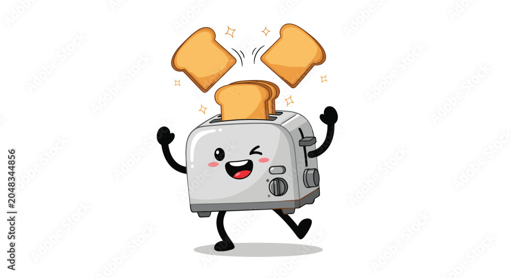 Obraz premium Happy cartoon toaster character with arms and legs winking and jumping as two slices of toast pop out.