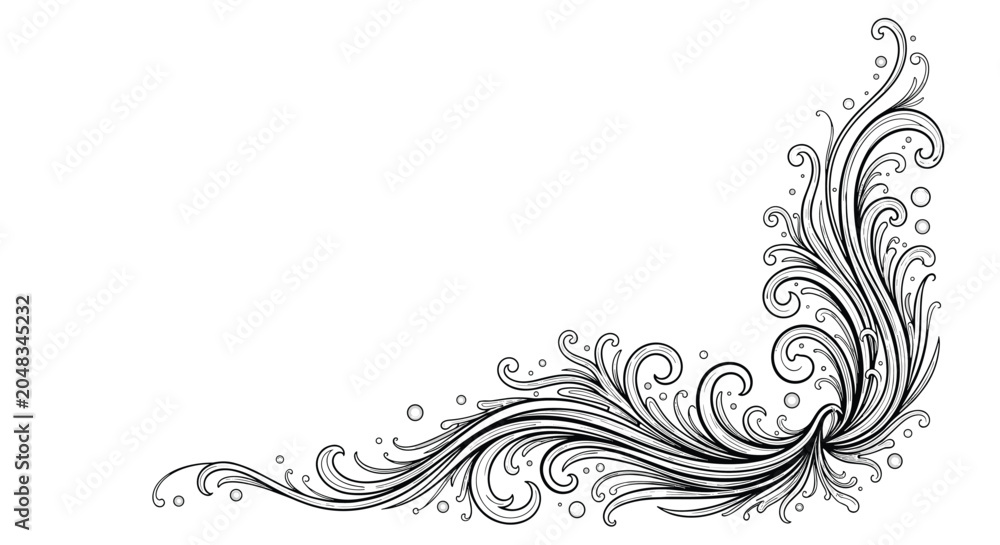 Fototapeta premium Decorative corner ornament with intricate black and white swirl patterns and dots in elegant classical style for formal design.