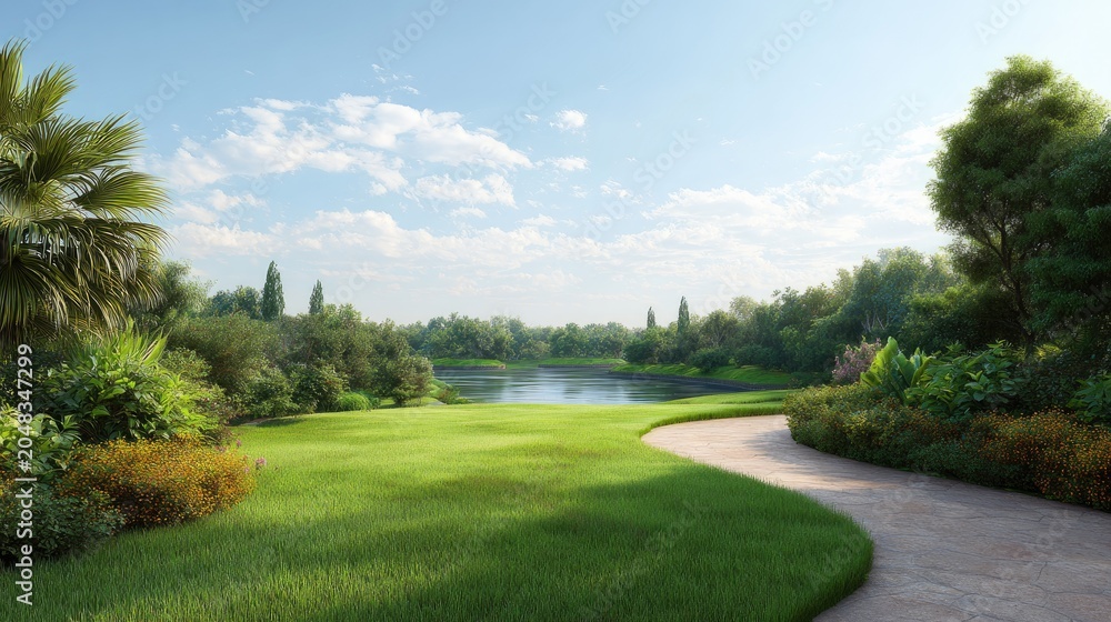 Fototapeta premium Serene Landscape Featuring Expansive Green Grass, Calm Water, Lush Trees, and Clear Blue Sky in a Peaceful Natural Environment