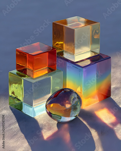 Vibrant Glass Art with Geometric Shapes and Prism Reflections for Modern Decor Design