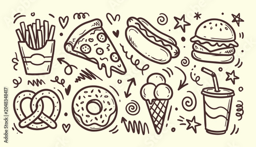 Foto Hand drawn fast food illustration with burger pizza french fries hot dog and don