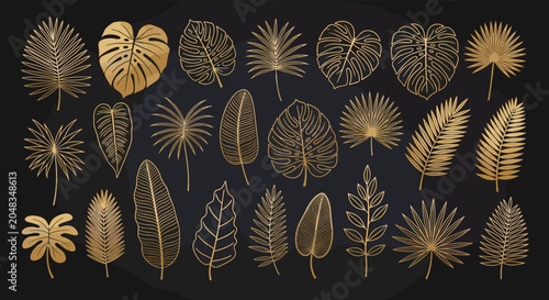 Collection of various tropical palm and monstera leaves drawn with elegant golden lines on a dark black background.