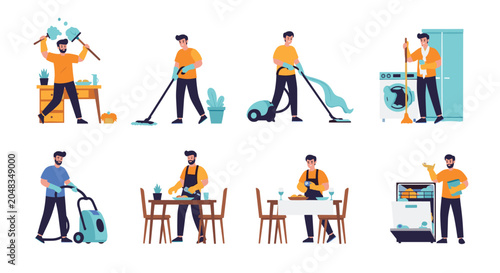 Set of diverse men performing various household chores like vacuuming, dusting, laundry, and cleaning windows.