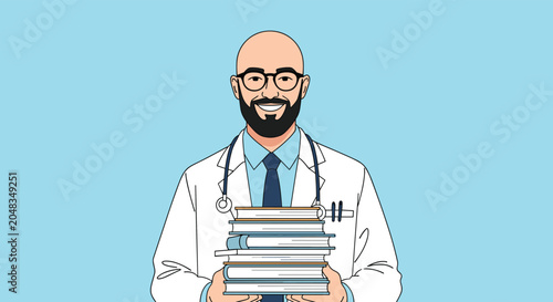 Smiling male doctor wearing glasses and a stethoscope while holding a large stack of medical textbooks against a blue background.