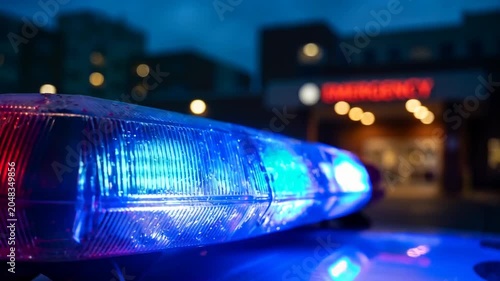 Ambulance arrives at hospital emergency unit at night during rainy weather
