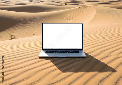 Laptop with blank screen on sand dunes in desert