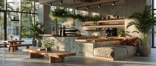 Modern specialty coffee shop interior with plants and wooden furniture