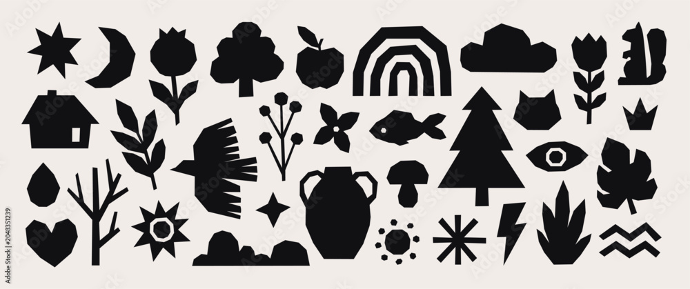 Naklejka premium Linocut shapes. Different geometric nature symbols, tree, apple, flower, cloud. Decorative cutout fish, bird, jug, heart, house, racy vector clipart