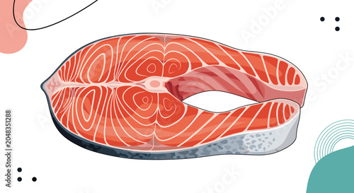 Fresh raw salmon fillet cross section showing the distinct orange flesh and white fat lines against a stylish background.