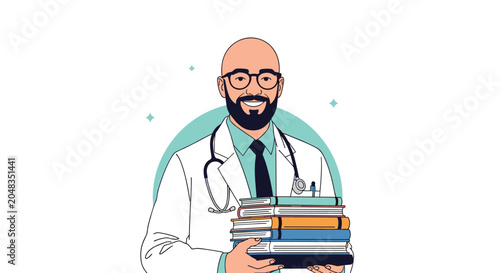 Friendly bald male doctor with glasses and stethoscope holding a thick stack of medical books and smiling for healthcare concepts.