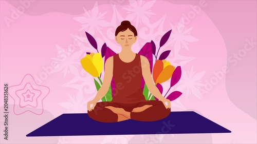 International Yoga Day Animation with Meditating Woman, Wellness and Mindfulness Celebration Background