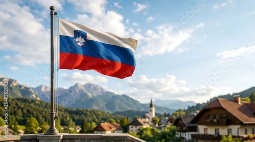 National Slovenian flag waving on a pole with scenic mountain landscape and alpine village background