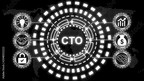 A glowing blue circular diagram with the word cto in the center and six surrounding icons representing business concepts.