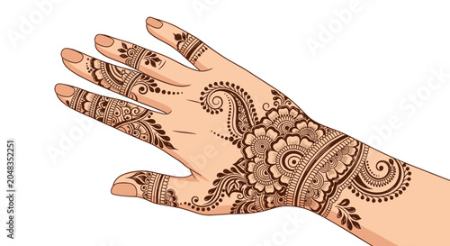 Intricate henna tattoo design featuring floral and paisley patterns applied to the back of a hand and down the fingers.