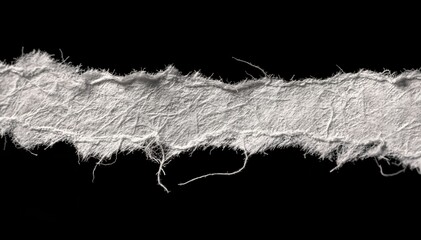 Rough torn paper edge revealing fibrous white textures against a stark dark black background. This highly detailed macro shot highlights the jagged paper border and high contrast aesthetic.