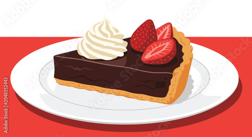 Delicious slice of chocolate tart topped with a swirl of whipped cream and fresh strawberry halves on a white plate.