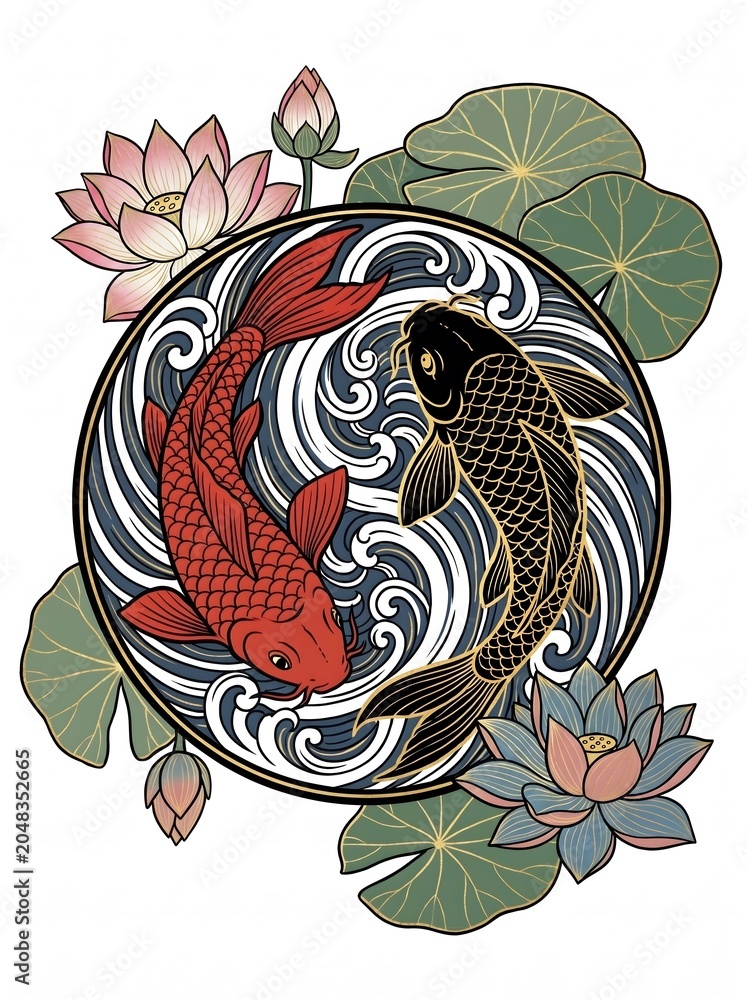 Fototapeta premium Japanese Koi Fish Yin Yang Mandala with Lotus Flowers Gold Border Traditional Art