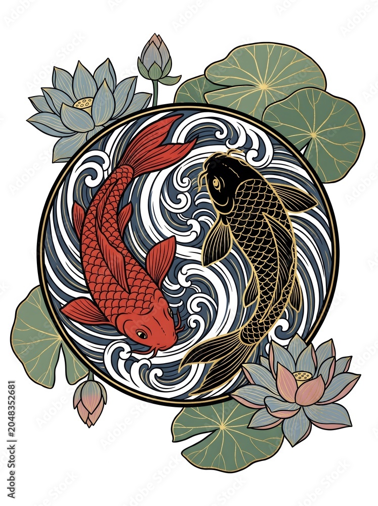Fototapeta premium Japanese Koi Fish Yin Yang Mandala with Lotus Flowers Gold Border Traditional Art