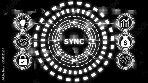 A glowing blue circular diagram with the word sync in the center and six surrounding icons representing business concepts.