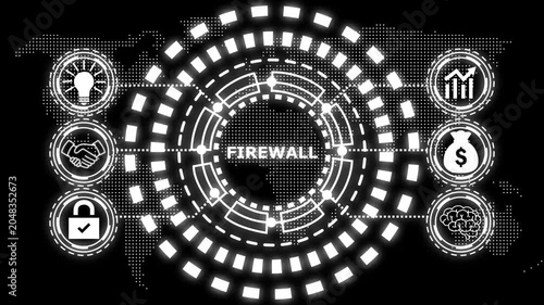 A glowing blue circular diagram with the word priewall in the center and six surrounding icons representing business concepts.